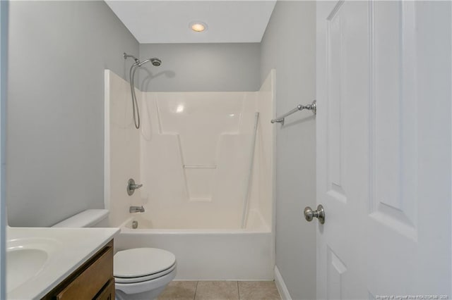 full bathroom featuring toilet, bathing tub / shower combination, vanity, and tile patterned floors