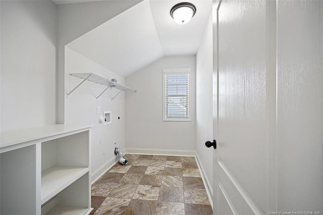 clothes washing area featuring hookup for a washing machine, hookup for an electric dryer, hookup for a gas dryer, laundry area, and baseboards