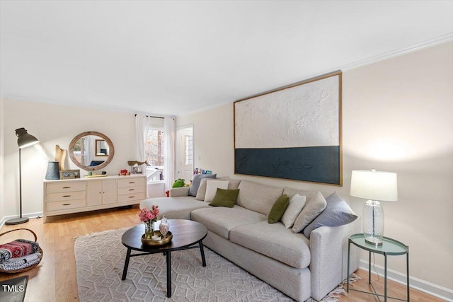 living area featuring light wood-style floors, ornamental molding, and baseboards