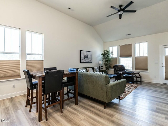 living area with ceiling fan, high vaulted ceiling, light wood-style flooring, visible vents, and baseboards