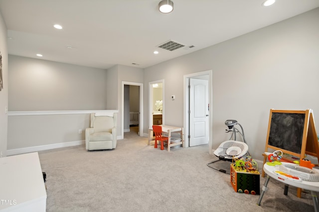 playroom featuring baseboards, carpet floors, visible vents, and recessed lighting