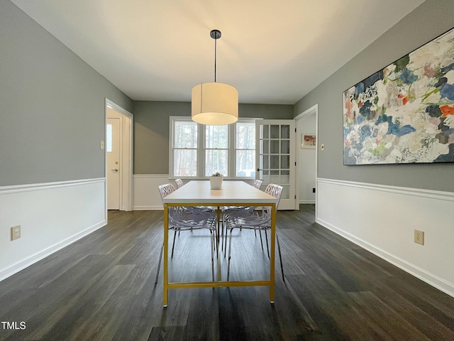 unfurnished dining area with baseboards and dark wood-type flooring