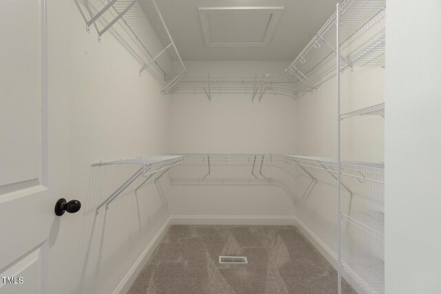 walk in closet with carpet flooring, visible vents, and attic access