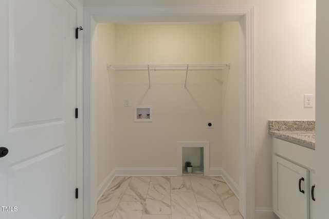 clothes washing area with laundry area, baseboards, marble finish floor, hookup for a washing machine, and electric dryer hookup