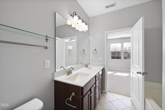 full bath featuring toilet, a ceiling fan, visible vents, and a sink