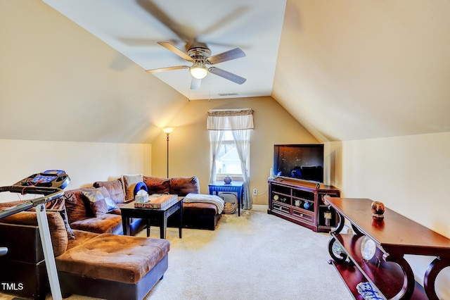 living room with visible vents, carpet, ceiling fan, and vaulted ceiling