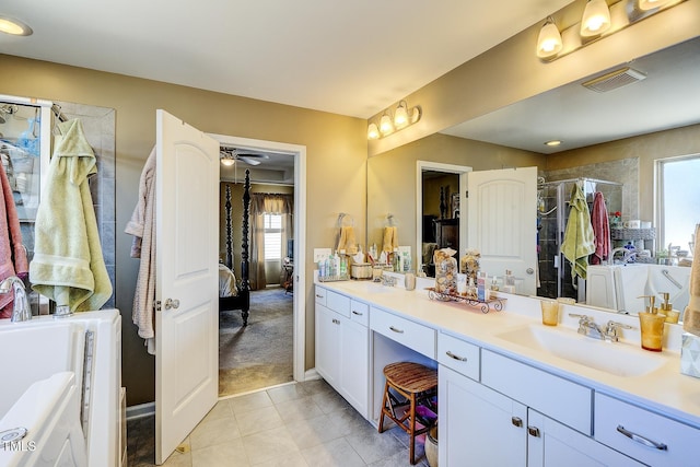 full bath featuring visible vents, ensuite bath, double vanity, a sink, and a shower stall