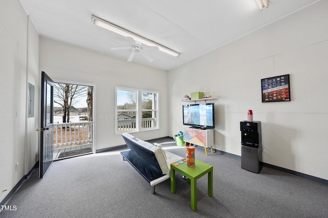 game room featuring ceiling fan, baseboards, and carpet flooring