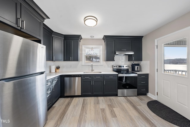 kitchen with under cabinet range hood, appliances with stainless steel finishes, light countertops, and a sink