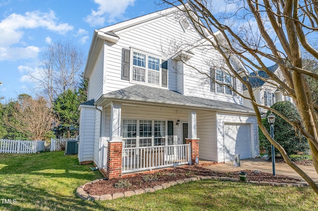 view of front of house with a garage, concrete driveway, fence, a porch, and a front yard