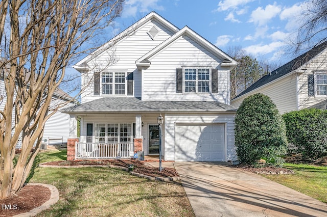 view of front of property featuring a porch, a garage, brick siding, concrete driveway, and a front yard