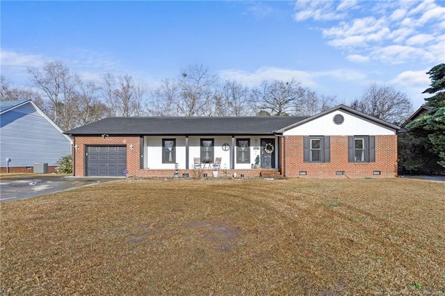 single story home featuring central AC unit, a garage, driveway, crawl space, and a front yard