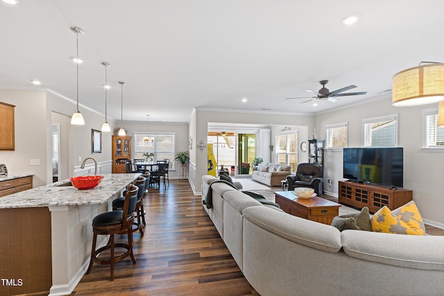 living area with ornamental molding, dark wood-style flooring, and a wealth of natural light