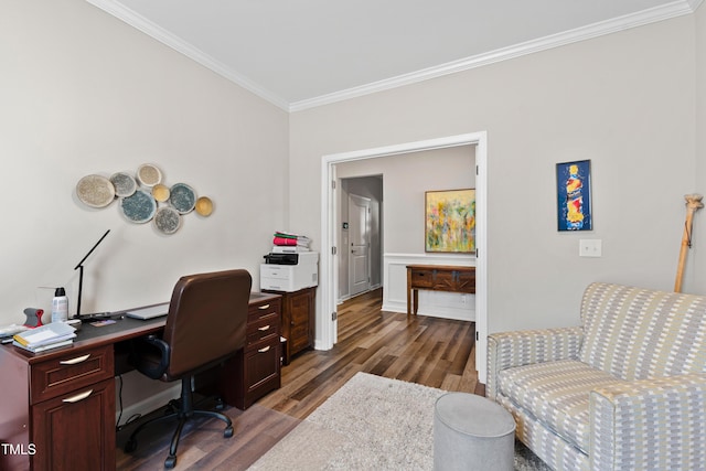 home office featuring ornamental molding, baseboards, and wood finished floors