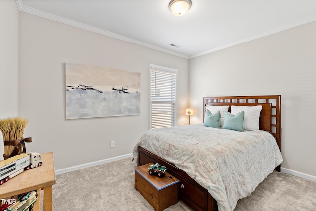 carpeted bedroom featuring visible vents, baseboards, and crown molding