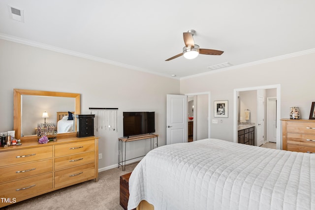 bedroom with light carpet, visible vents, and crown molding