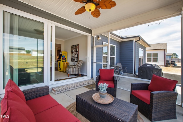 view of patio / terrace with a grill, an outdoor living space, and ceiling fan