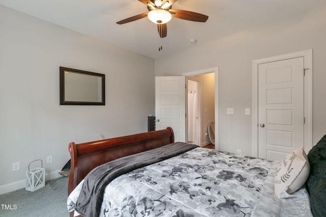 carpeted bedroom featuring ceiling fan and baseboards