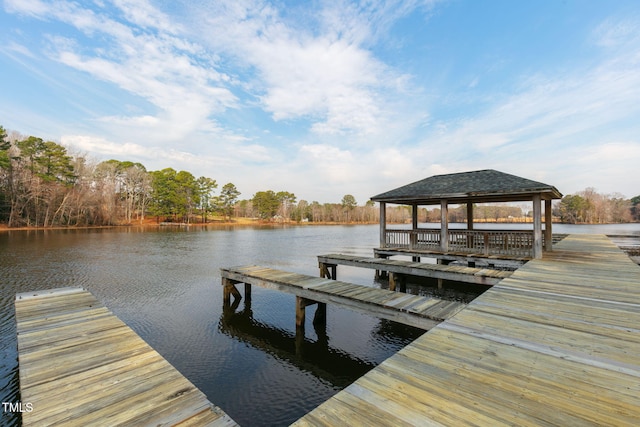 dock area featuring a water view and a gazebo