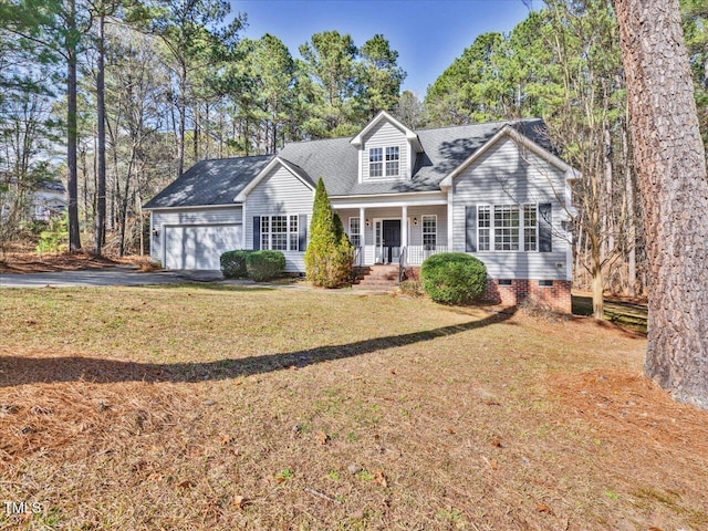 view of front of home with covered porch, a front lawn, a garage, crawl space, and aphalt driveway