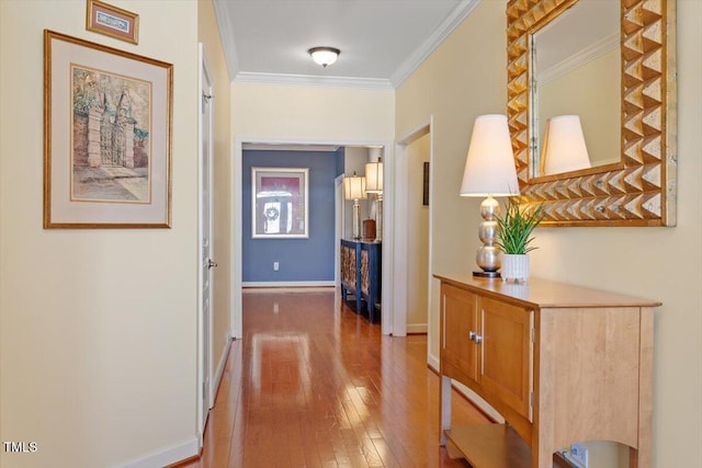 corridor featuring crown molding, baseboards, and hardwood / wood-style flooring