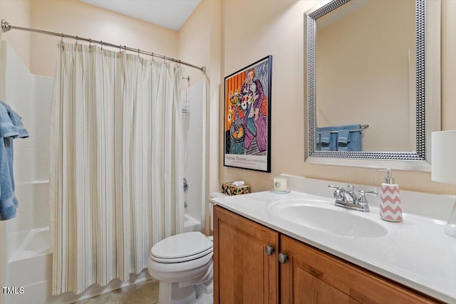 full bath with tile patterned flooring, shower / bathtub combination with curtain, toilet, and vanity