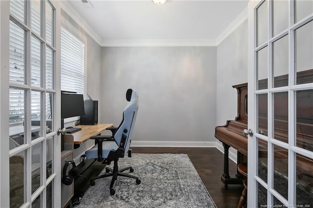 office with baseboards, wood finished floors, crown molding, and french doors