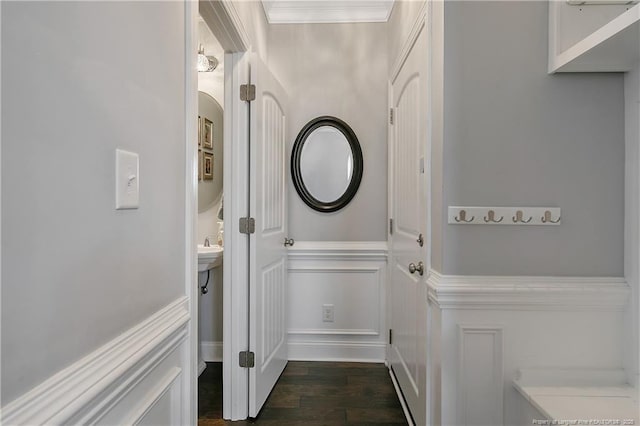 interior space featuring ornamental molding, dark wood-style flooring, a wainscoted wall, and a decorative wall