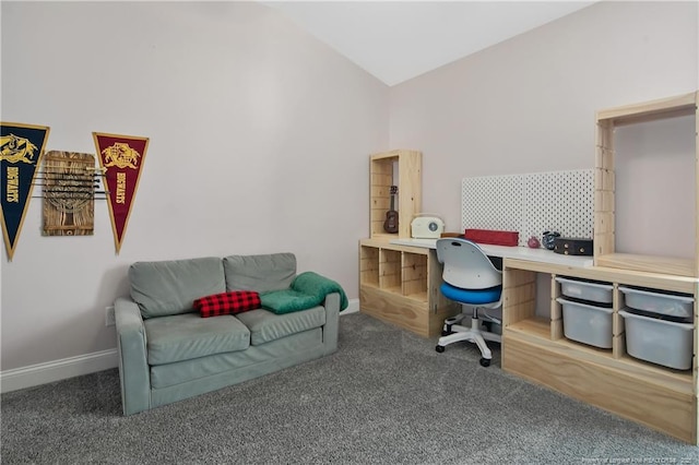 office featuring lofted ceiling, baseboards, and carpet flooring