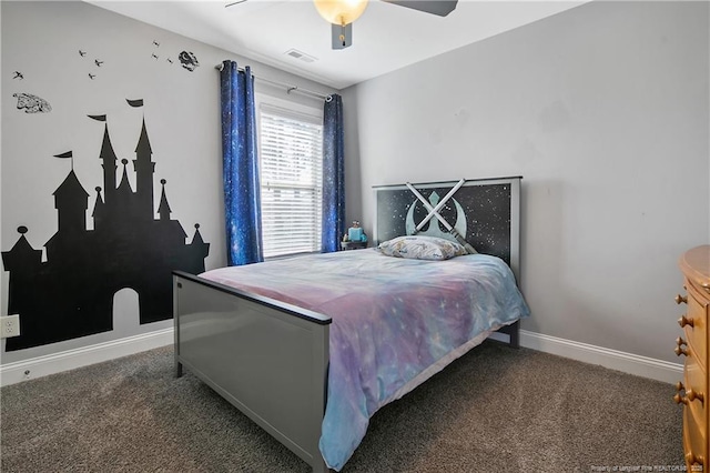 bedroom featuring ceiling fan, carpet floors, visible vents, and baseboards