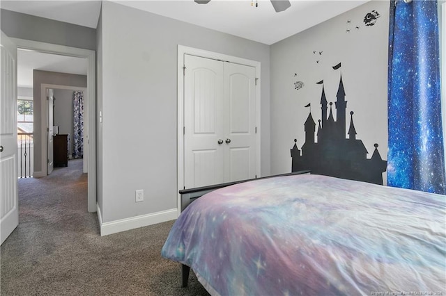 bedroom with carpet floors, a closet, ceiling fan, and baseboards