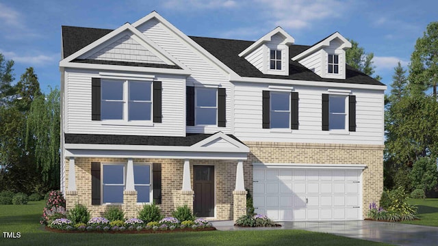 262 Hartfield Ave, Raeford, NC 28376 - view of front facade featuring driveway, brick siding, a front lawn, and an attached garage