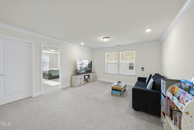 carpeted living room featuring recessed lighting, baseboards, and ornamental molding