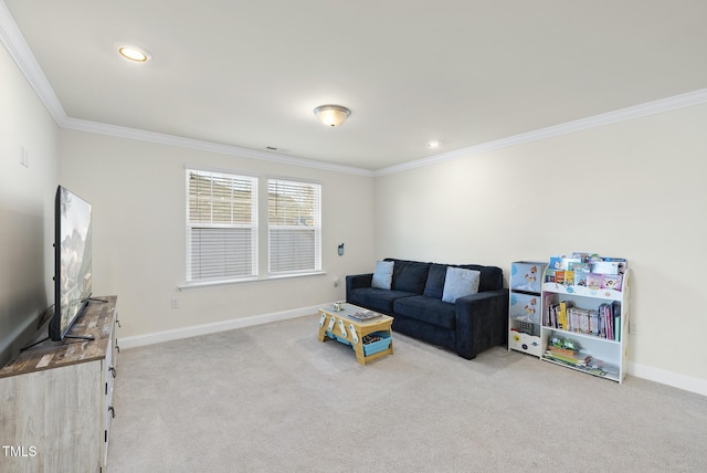 living room with baseboards, carpet floors, and crown molding