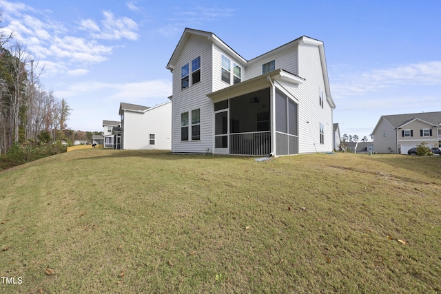 back of property featuring a yard and a sunroom