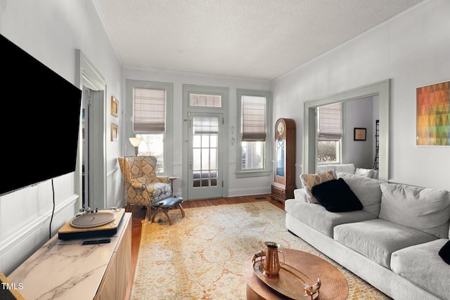 living room with a textured ceiling, ornamental molding, and wood finished floors