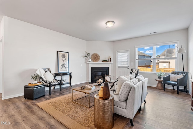 living room featuring a glass covered fireplace, wood-type flooring, and baseboards