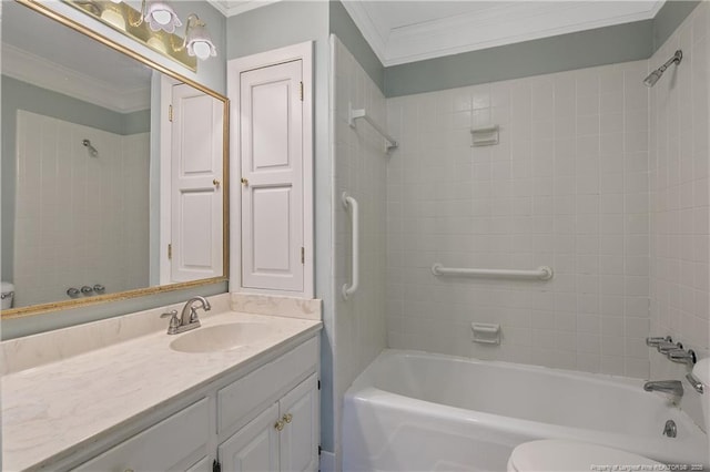 full bath featuring tub / shower combination, crown molding, vanity, and toilet