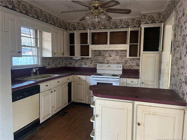 kitchen featuring open shelves, dark countertops, dark wood-type flooring, white appliances, and wallpapered walls