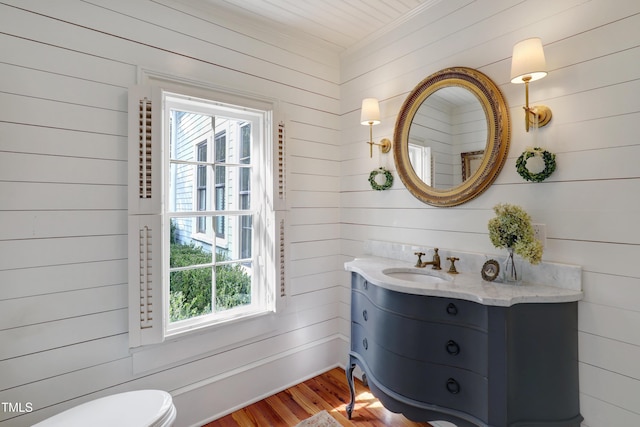 bathroom with vanity, toilet, and wood finished floors