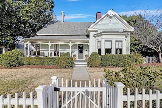 victorian home with covered porch, a fenced front yard, a gate, and a chimney