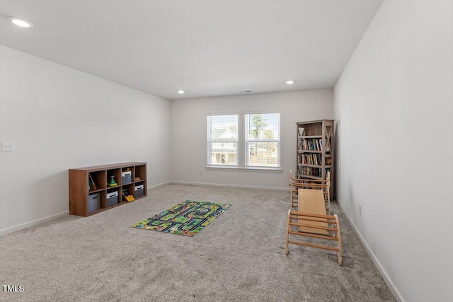 game room with carpet floors, recessed lighting, and baseboards