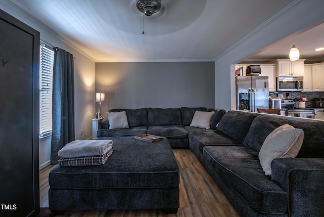 living area with dark wood-type flooring, plenty of natural light, and crown molding