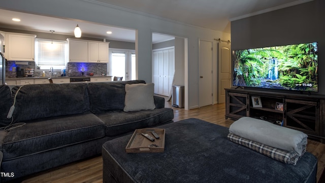 living area featuring recessed lighting, wood finished floors, and crown molding