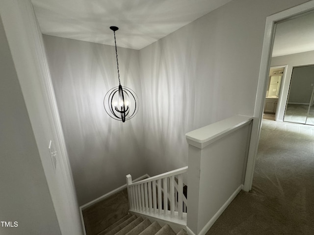 159 Finley Forest Dr, Chapel Hill, NC 27517 - stairs featuring carpet floors, a chandelier, and baseboards