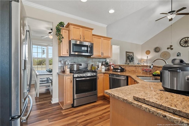 kitchen featuring decorative backsplash, appliances with stainless steel finishes, light wood-style floors, light brown cabinets, and a sink