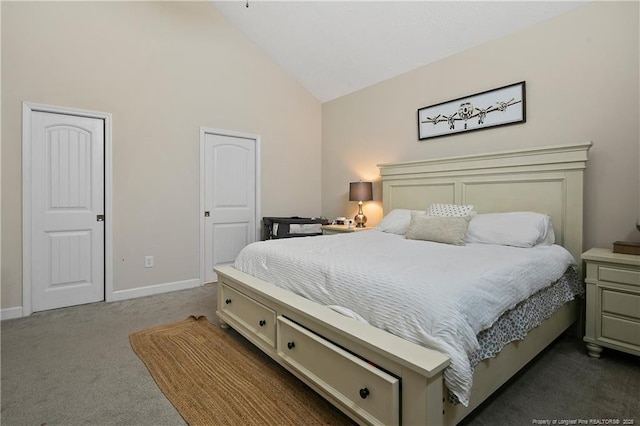 bedroom with high vaulted ceiling, carpet flooring, and baseboards