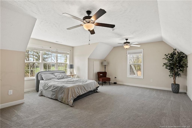 carpeted bedroom featuring multiple windows, a textured ceiling, and baseboards