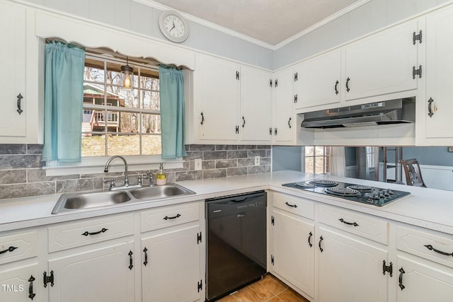 kitchen with crown molding, backsplash, a sink, under cabinet range hood, and black appliances