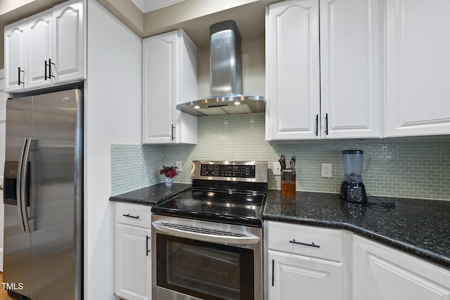 104 Sierra Dr, Chapel Hill, NC 27514 - kitchen with white cabinets, stainless steel appliances, backsplash, and wall chimney range hood